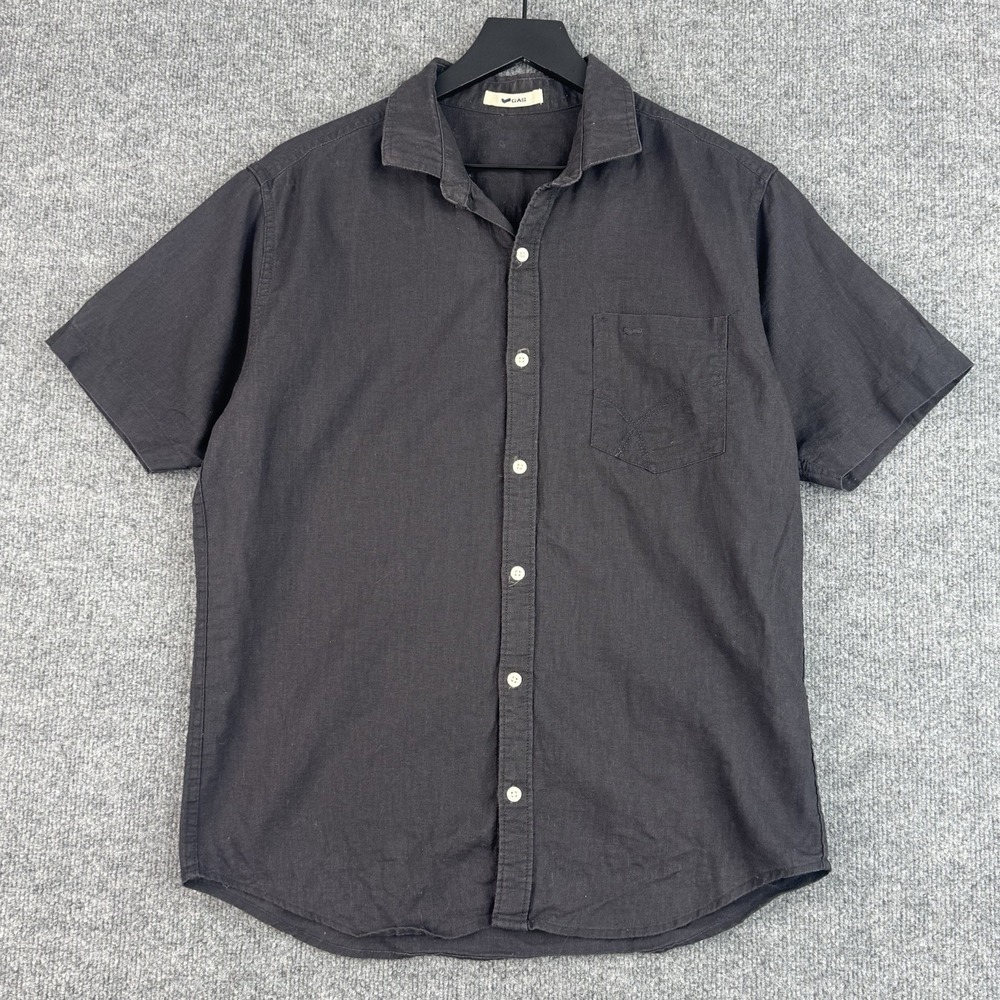 GAS Button Up Shirt Mens L Black 100% Linen Travel Resort Vacation Short Sleeve